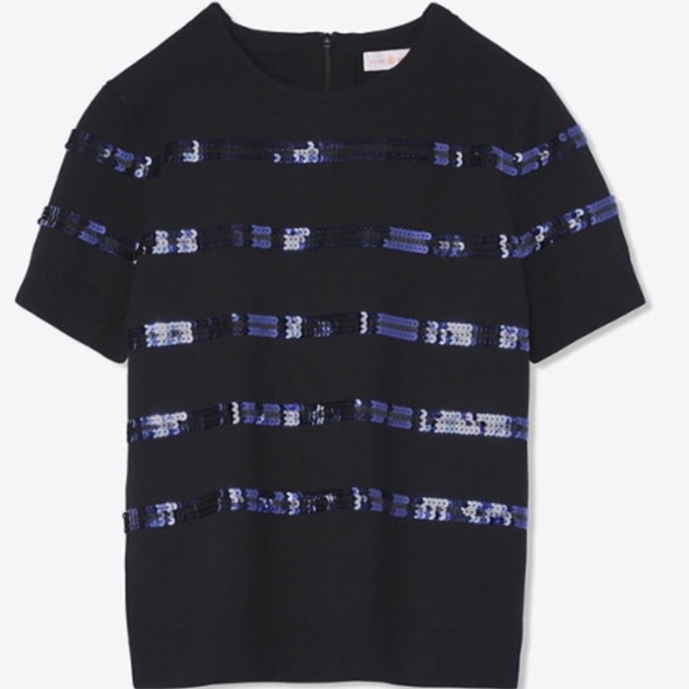 Tory Burch Womens Short Sleeve Crew Sweater Small EUC Black/Blue Sequin